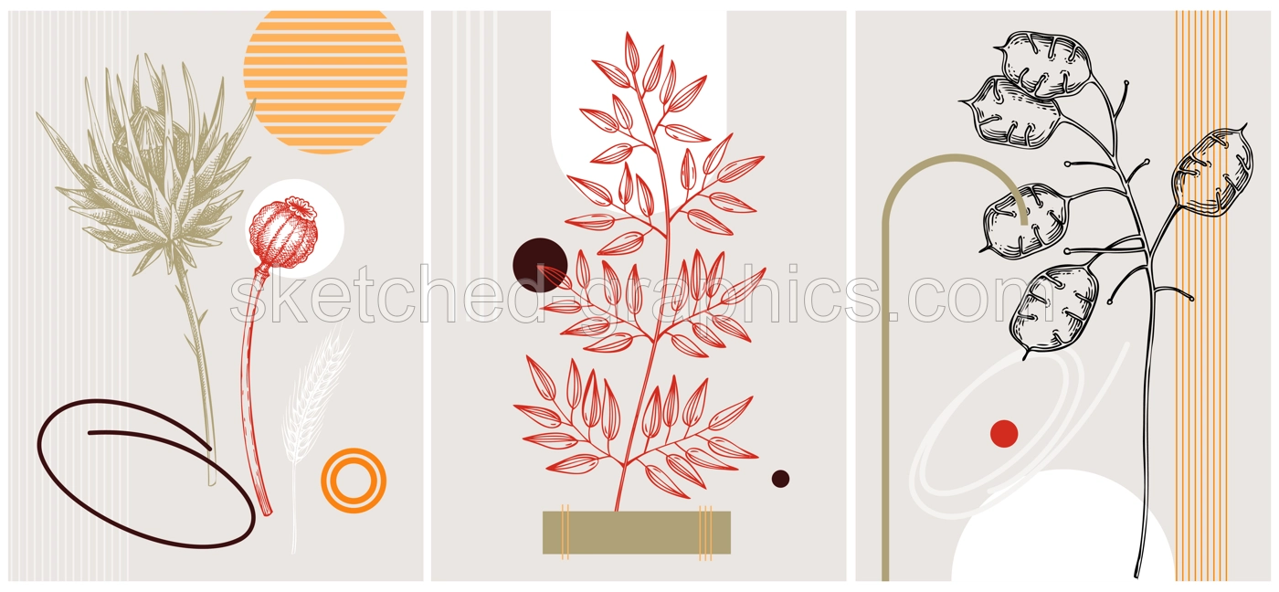 Collage style autumn vector illustration. Sketched leaves and dried flowers. Trendy fall design with botanical, geometric shapes, and abstract elements. For print, poster, card, social media Illustration